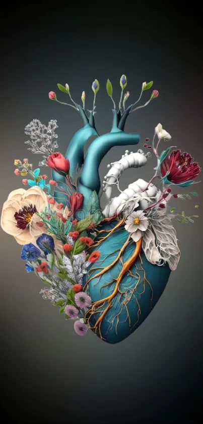 Floral heart and botanical elements on dark teal background.