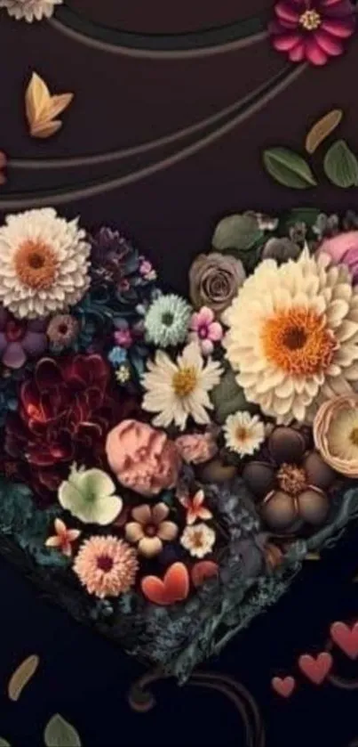 Heart-shaped floral artwork with dark background