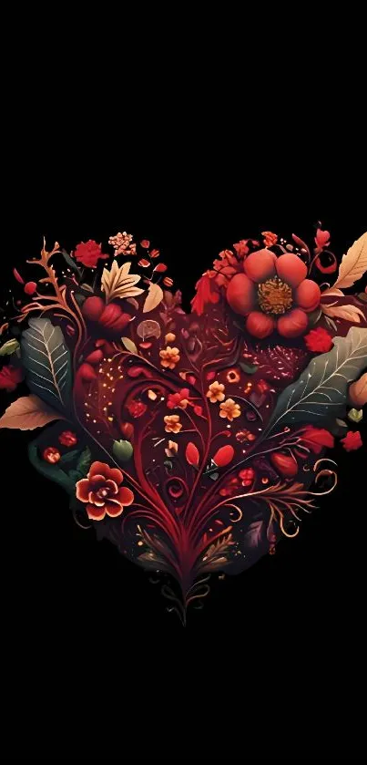 Intricate floral heart design on black background.