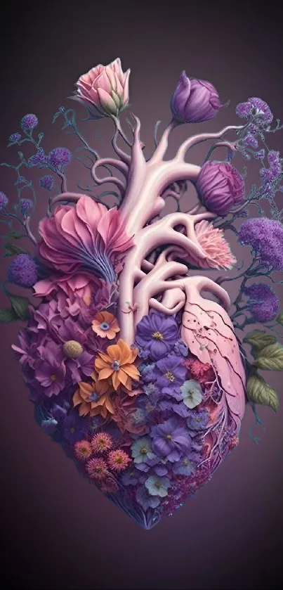 Artistic floral heart with purple flowers.