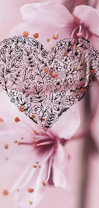 Intricate floral heart with cherry blossoms on a pink background.