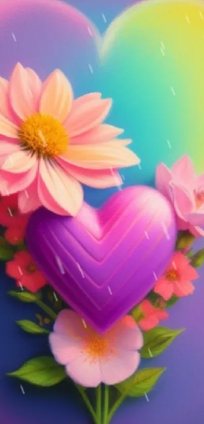 Vibrant floral heart wallpaper with purple background.