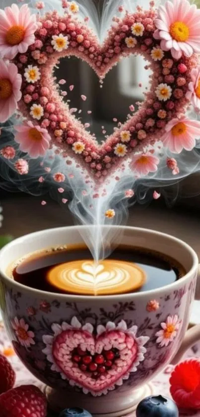 Heart-shaped floral coffee art on mug.