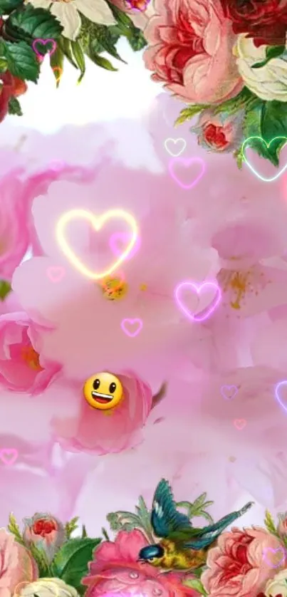 Colorful floral wallpaper with emojis and heart icons on a pink background.