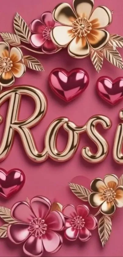 Pink and gold floral heart wallpaper with the name 'Rosi'.