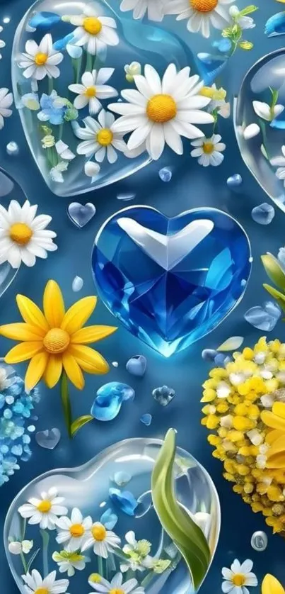 Colorful floral heart gemstone wallpaper with daisies and blue jewels.