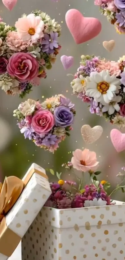 Floral hearts and a gift box mobile wallpaper.