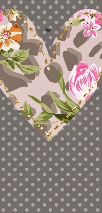 Floral heart with grey polka dot background wallpaper.