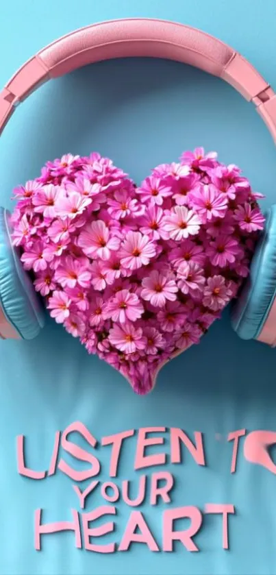 Pink floral heart with headphones on sky blue background.