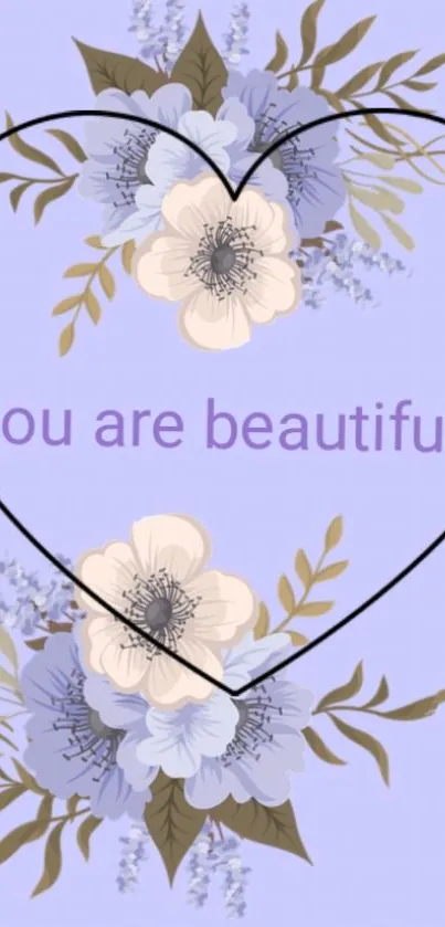 Floral heart design with 'you are beautiful' text in lavender tones.