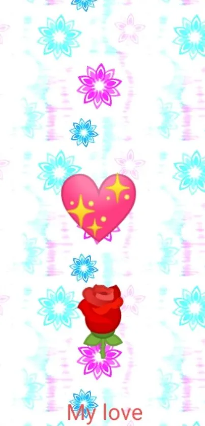 Vibrant wallpaper with flowers, heart, and rose.