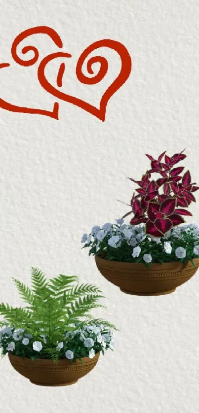 Minimalist wallpaper with potted plants and a red heart design on a textured background.