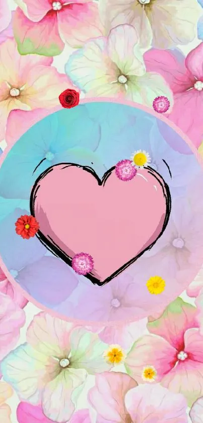 Mobile wallpaper with pastel flowers and pink heart.