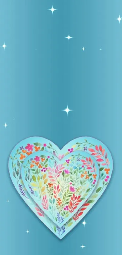 Colorful floral heart design on blue background wallpaper.