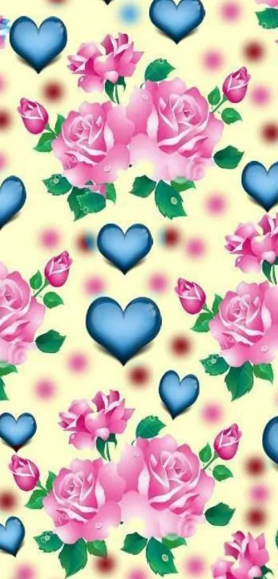 Mobile wallpaper with pink roses and blue hearts on a yellow background.