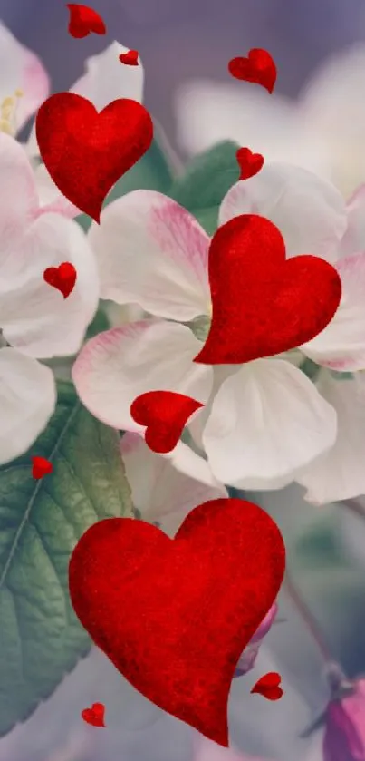 Red heart and white floral design wallpaper