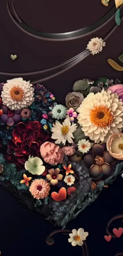 A heart-shaped floral arrangement on a dark background.