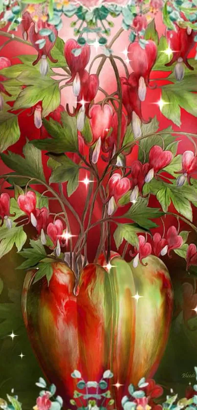 Vibrant floral heart with leaves wallpaper design.