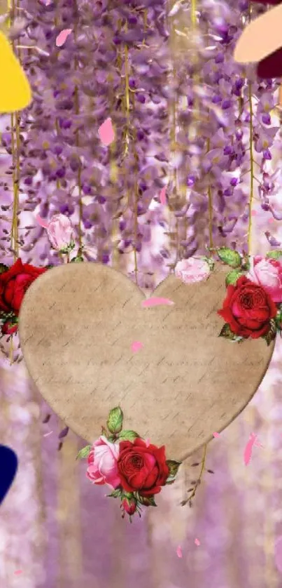 Floral heart wallpaper with purple background and hanging flowers.