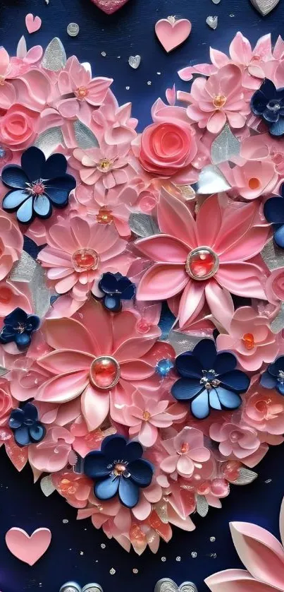 Heart-shaped floral pattern with pink and blue flowers.