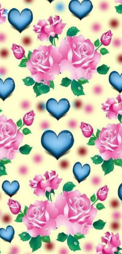 Pink roses and blue hearts on yellow wallpaper design.