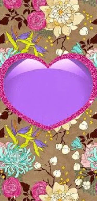 Vibrant heart and floral mobile wallpaper with a pink glitter heart center.