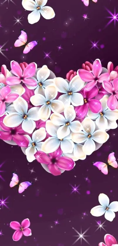 Heart-shaped floral design with butterflies on a purple background.