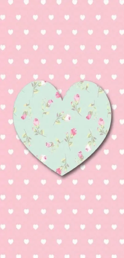 Pink floral heart wallpaper with polka dots background.