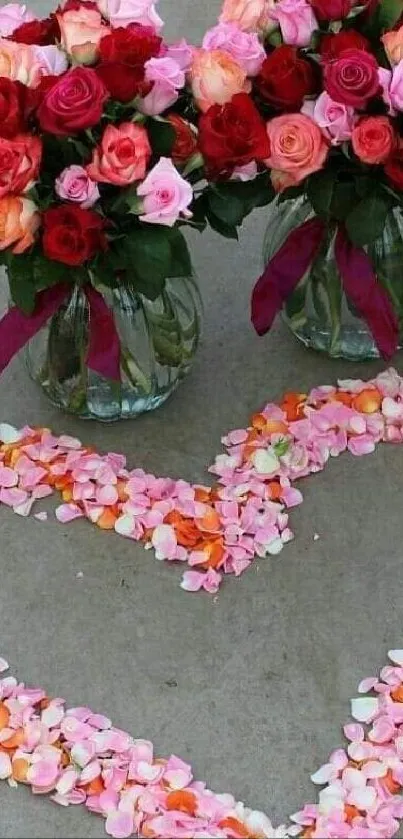 Romantic floral heart design with roses and pink petals.