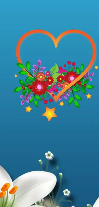 Floral heart design on blue background with flowers and stars.