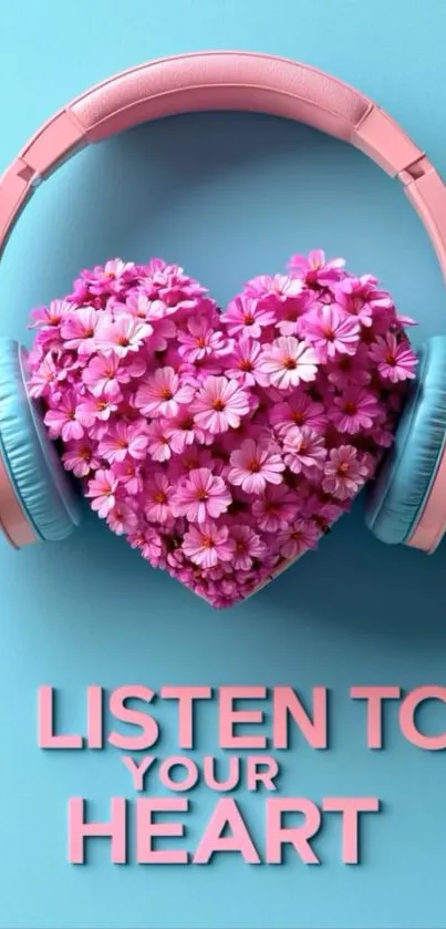Floral heart with headphones on blue background