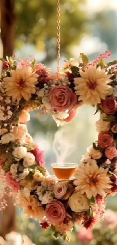 Heart-shaped floral wreath with candle.