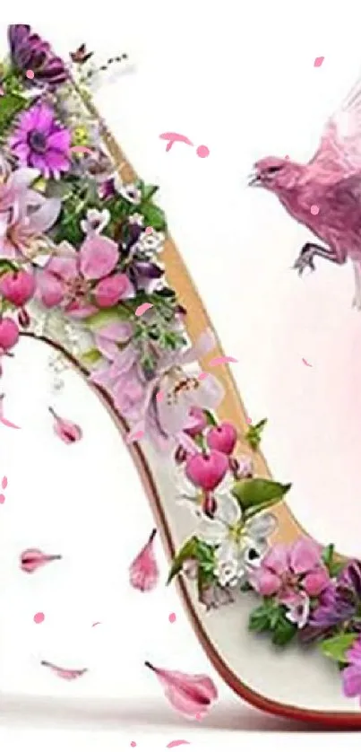 Floral high heel with flowers and a pink bird in artistic wallpaper design.