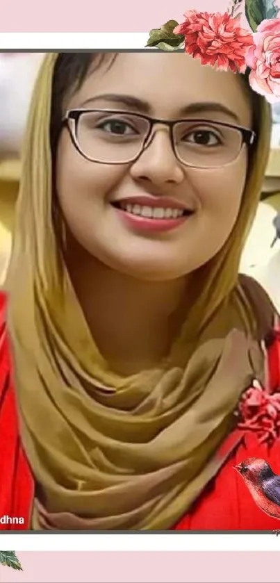 Woman in floral hijab with red backdrop.