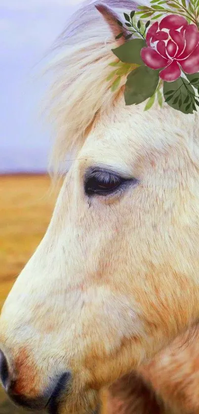 White horse with floral crown on serene beige background.