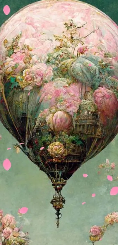 Artistic floral hot air balloon in a dreamy green sky.