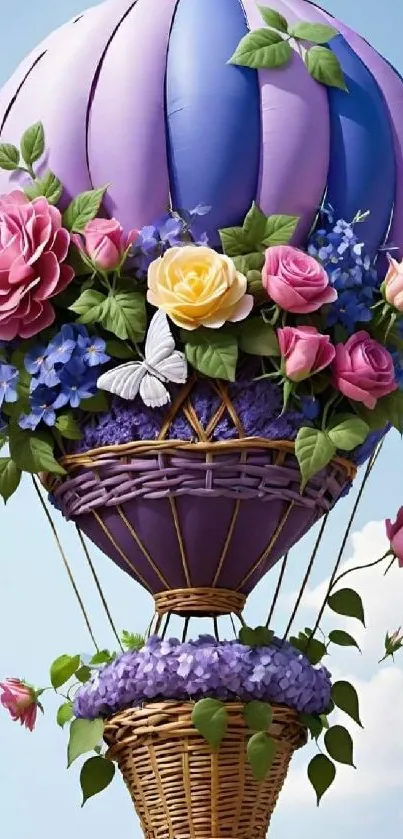 Purple hot air balloon with colorful flowers against the sky.