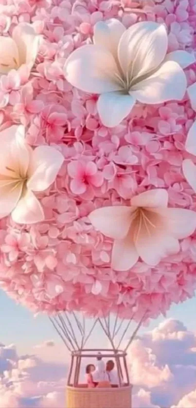 Pink hot air balloon with flowers in sky.