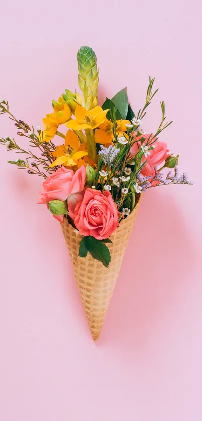 Floral arrangement styled as an ice cream cone with a pink background.