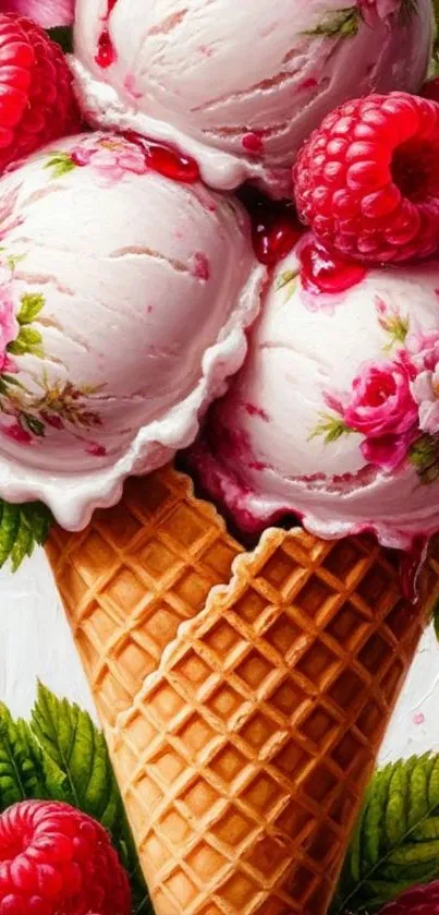 Floral ice cream cone with raspberries and leaves, artistic design.