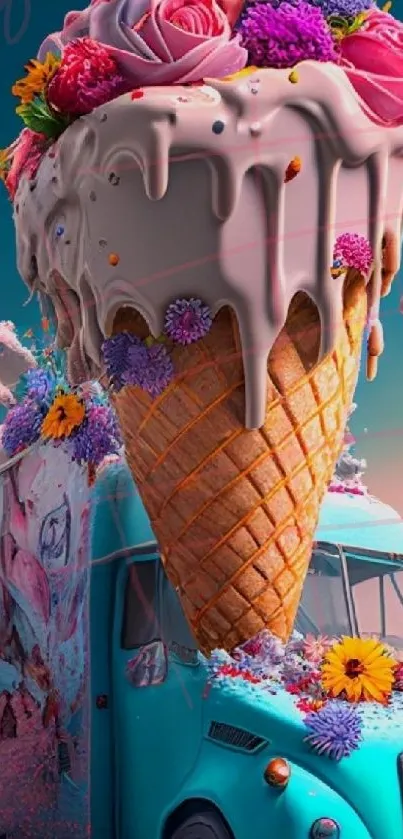 Surreal floral ice cream cone on truck wallpaper.