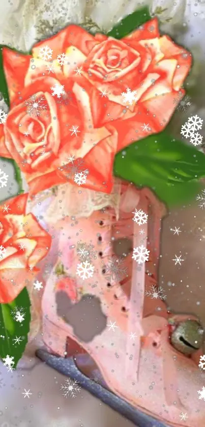 Enchanting floral ice skate wallpaper with coral roses and snowflakes.