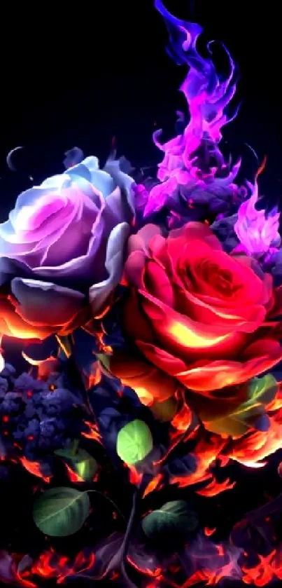 Vibrant roses engulfed in flames on a black background.