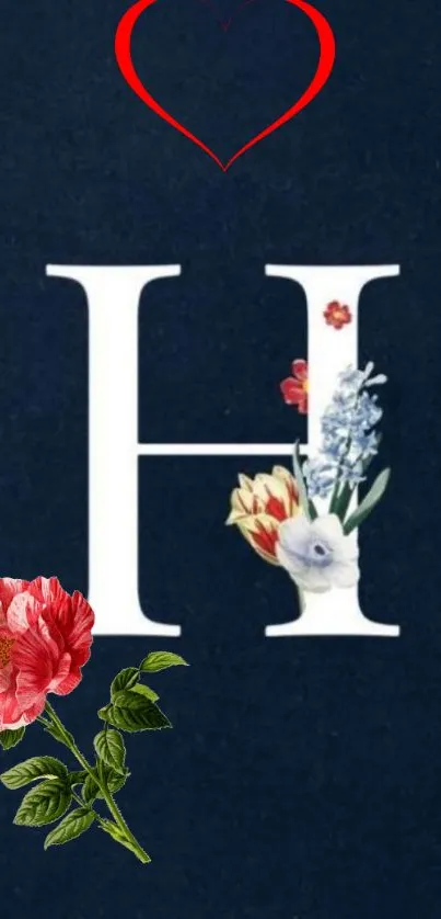 Elegant floral letter 'H' on navy background wallpaper.