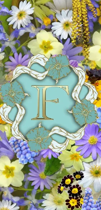 Vibrant floral wallpaper with an initial surrounded by colorful blossoms.