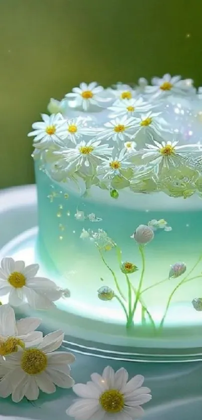 Floral jelly cake with daisies on a green background.