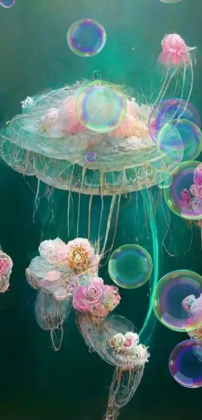 Jellyfish with pink flowers in a teal ocean fantasy setting.