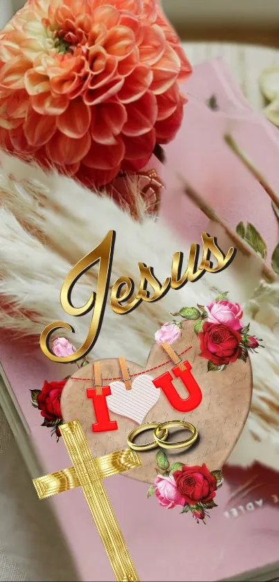 Floral wallpaper with gold 'Jesus' text and heart design.