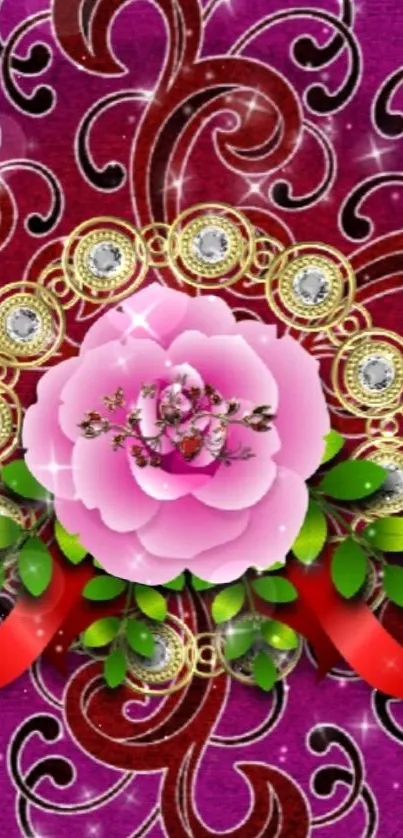 Vibrant pink rose with green leaves on a jewel-toned patterned background.