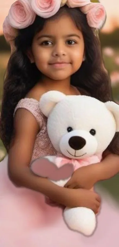 Girl with teddy bear and floral crown in a pink dress.